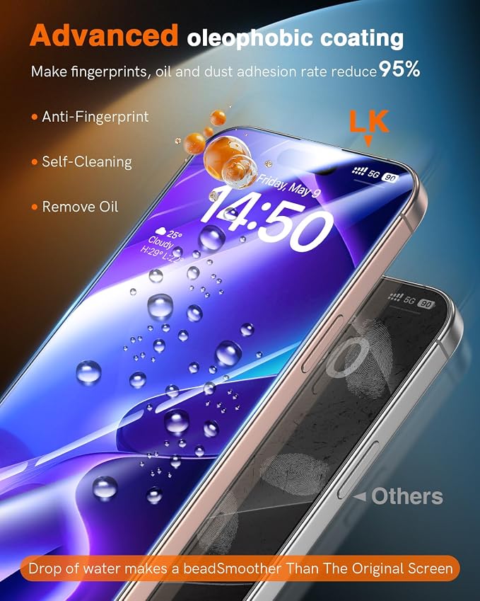LK 3 Pack for iPhone 15 Pro Max Screen Protector Tempered Glass [One-Pull Install] [Auto-Dusting 0 Bubble] Military Grade Shatterproof, Full Coverage Top 9H Screen Protector for 15 Pro Max, HD Ultra