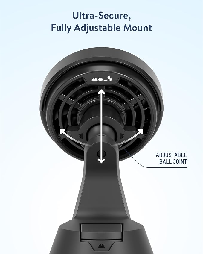 Mous 15W Wireless Charging Suction Mount, Designed for MagSafe Car Phone Holder- Fast Cooling Magnetic Car Mount Charger Compatible with iPhone 16/15/14/13, Pixel and S25 - Windshield/Dashboard