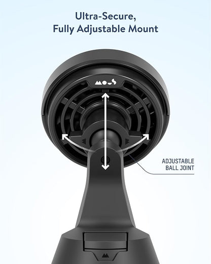 Mous 15W Wireless Charging Suction Mount, Designed for MagSafe Car Phone Holder- Fast Cooling Magnetic Car Mount Charger Compatible with iPhone 16/15/14/13, Pixel and S25 - Windshield/Dashboard