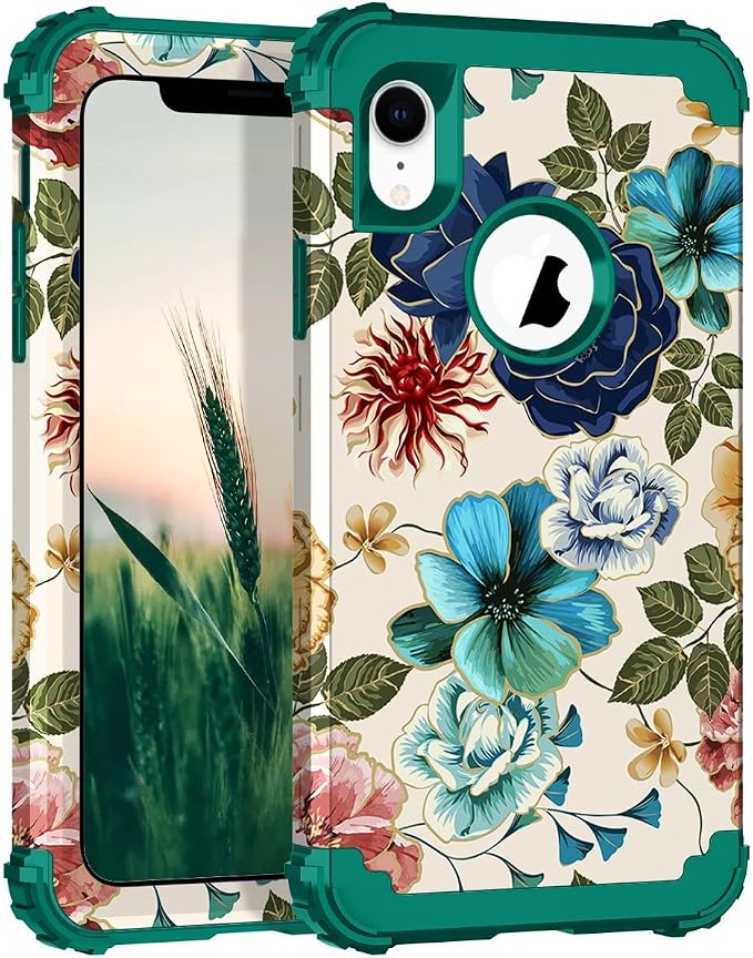Hocase for iPhone XR Case, Heavy Duty Shockproof Protection Soft Silicone Rubber+Hard Plastic Bumper Hybrid Dual Layer Protective Case for iPhone XR (6.1-inch Display) 2018 - Teal Flowers