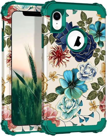 Hocase for iPhone XR Case, Heavy Duty Shockproof Protection Soft Silicone Rubber+Hard Plastic Bumper Hybrid Dual Layer Protective Case for iPhone XR (6.1-inch Display) 2018 - Teal Flowers
