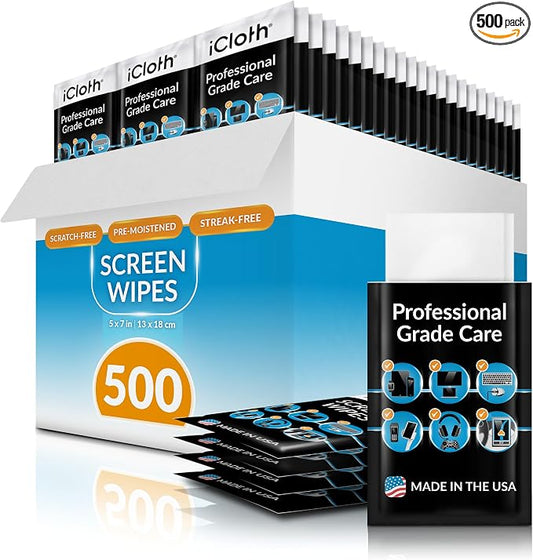 iCloth Large Screen Cleaning Wipes for Electronics, Lint-Free and Streak-Free, Fast-Drying, Removes Dust, Fingerprints, and Smudges (500 Wipes)