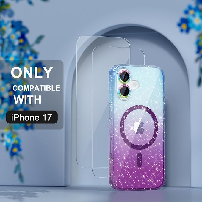 Choiche Magnetic for iPhone 17 Case Compatible with MagSafe, Women Cute Glitter Sparkly Phone Case with Diamond Camera Lens Protectors, Military-Grade Drop Protection 6.3" (Blue/Purple)