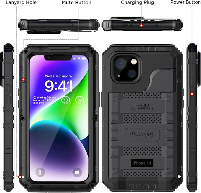 Beasyjoy for iPhone 14 Case Waterproof, Metal Heavy Duty Full Body Protective Case with Built-in Screen Protector, Military Grade Shockproof Dustproof Defender Rugged Cover 6.1 Inch, Black