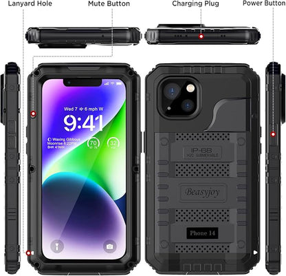 Beasyjoy for iPhone 14 Case Waterproof, Metal Heavy Duty Full Body Protective Case with Built-in Screen Protector, Military Grade Shockproof Dustproof Defender Rugged Cover 6.1 Inch, Black