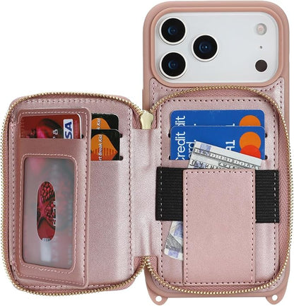 Crossbody Wallet Case for iPhone 17 Pro Max, PU Leather Zipper Handbag Purse Flip Cover, Kickstand Folio Case with Card Slots Holder Wrist Strap Lanyard 5G 6.9 Inch-Rose Gold