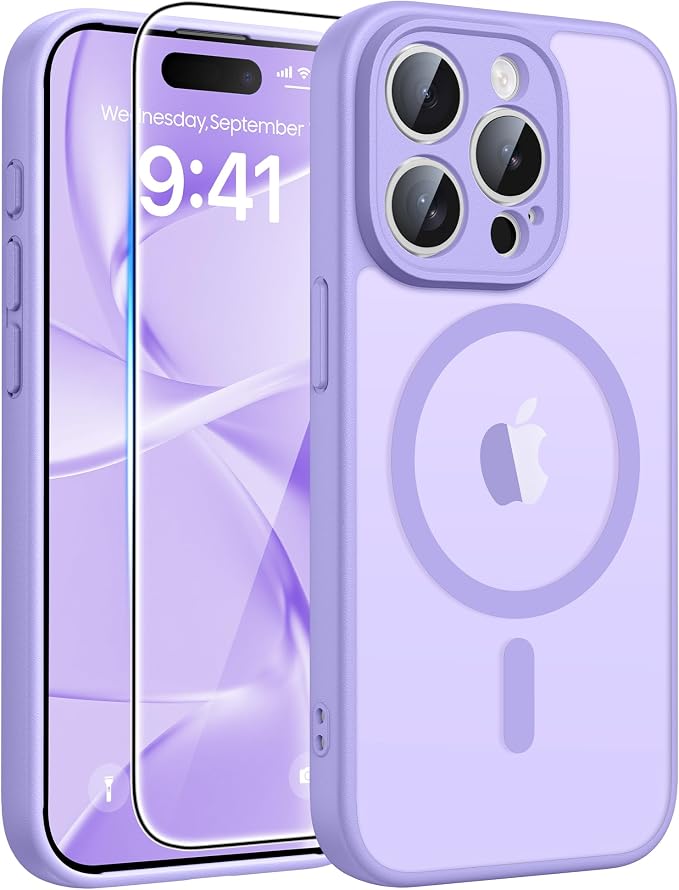 FNTCASE for iPhone 15 Pro Max Case: [Compatible with Magsafe] Translucent Matte Cases with [Full Camera Protection] [Screen Protector] Military Grade Shockproof Protective Phone Cover - Light Purple