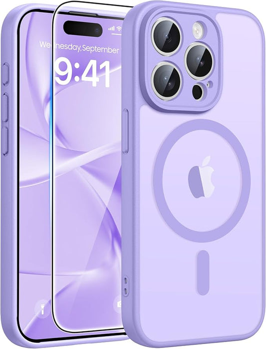 FNTCASE for iPhone 15 Pro Max Case: [Compatible with Magsafe] Translucent Matte Cases with [Full Camera Protection] [Screen Protector] Military Grade Shockproof Protective Phone Cover - Light Purple