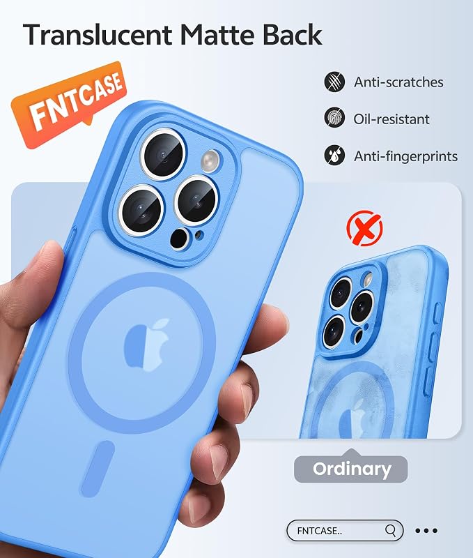 FNTCASE for iPhone 15 Pro Max Case, Fit for Magsafe, Glass Screen Protector | Full Camera Protection, Translucent Matte, 14FT Military Grade Drop Proof, Shockproof Protective Phone Cover, Ice Blue