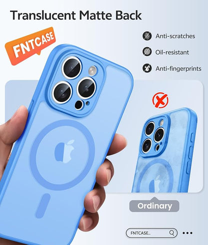 FNTCASE for iPhone 15 Pro Max Case, Fit for Magsafe, Glass Screen Protector | Full Camera Protection, Translucent Matte, 14FT Military Grade Drop Proof, Shockproof Protective Phone Cover, Ice Blue