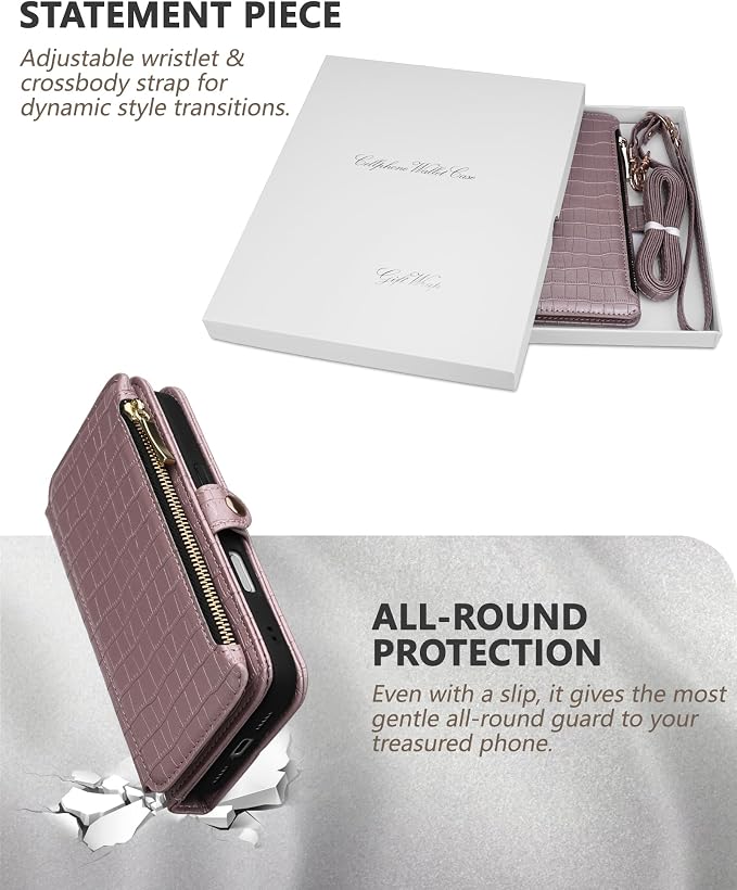 Crossbody Wallet Case for iPhone 17 Pro with Mirror, Wrist Strap, Zipper Purse Magnetic Flip, RFID Blocking Card Holder, Wireless Charging, PU Leather Shockproof 6.3" Women (Rose Gold)