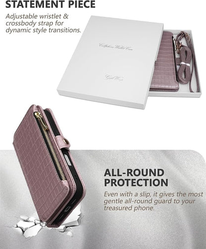 Crossbody Wallet Case for iPhone 17 Pro with Mirror, Wrist Strap, Zipper Purse Magnetic Flip, RFID Blocking Card Holder, Wireless Charging, PU Leather Shockproof 6.3" Women (Rose Gold)