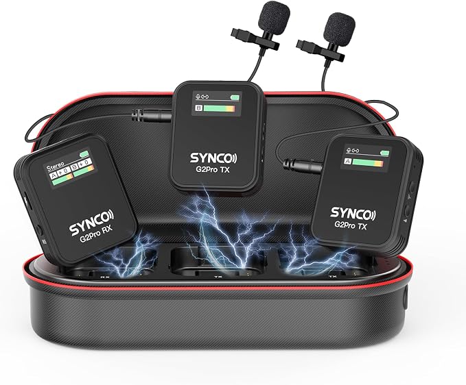 SYNCO Wireless Lavalier Mic System, G2(A2) PRO Dual Transmitter 48KHz 24Bit Lapel Mic 656FT 8H for Vlogging Live Streaming YouTube with Charging Case for Camera Smartphone Tablet