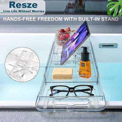 Resze Premium Clear Bathtub Caddy Tray, Expandable Plastic Bath Tray with BPA-Free, Waterproof Foldable Bathtub Shelf, Perfect for a New Home & Mother’s Day & a Birthday Gift for Mom