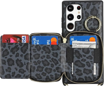 Crossbody Wallet Case for Galaxy S23 Ultra, PU Leather Zipper Handbag Purse Flip Cover, Kickstand Folio Case with Card Slots Holder Wrist Strap Lanyard -Black Leopard