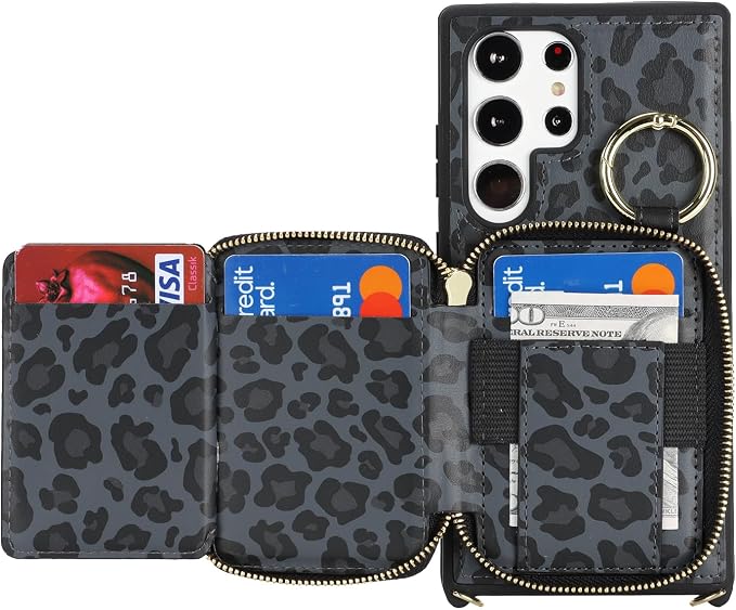 Crossbody Wallet Case for Galaxy S24 Ultra, PU Leather Zipper Handbag Purse Flip Cover, Kickstand Folio Case with Card Slots Holder Wrist Strap Lanyard -Black Leopard