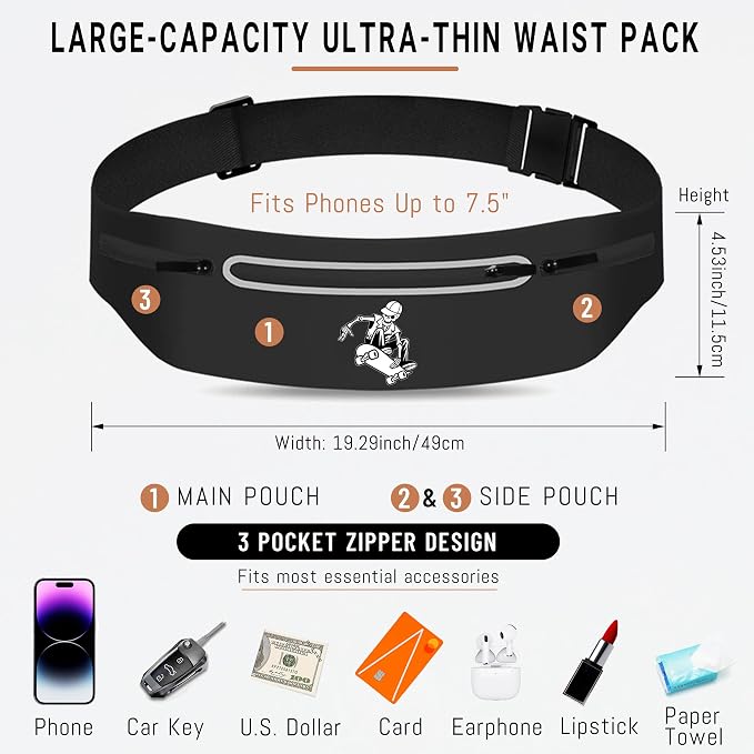 Skull Slim Running Belt for Cell Phones Adjustable Black fanny packs for women,Skeleton Hand Skateboard Running Bag Waterproof Reflective with 3 Pouches,Waist Pack Bag for Jogging Cycling Hip Hop