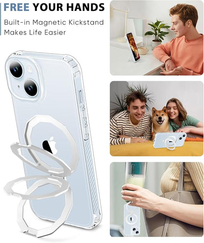 for iPhone 15 Case, with Screen Protector + Camera Lens Protector, Built-in Seamless Stand, [Compatible with MagSafe] Protective Shockproof Phone Case, Cover for iPhone 15 - Clear