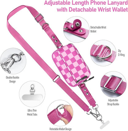 Clip and Go Strap for Phone with Wallet Crossbody Phone Lanyard and Detachable Checkered Bag with ID Window and RFID Pouch for Daily Travel.