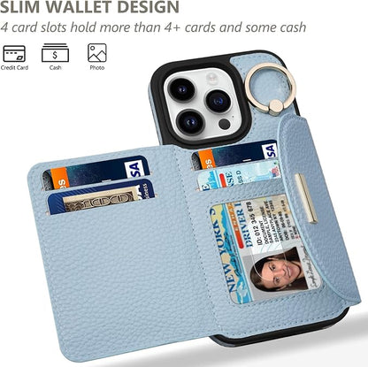 Keallce Wallet Case for iPhone 16 Pro Max 6.9'', Flip Case with Card Slots, Ring Holder Kickstand, PU Leather Protective Folio Cover for Women, Blue