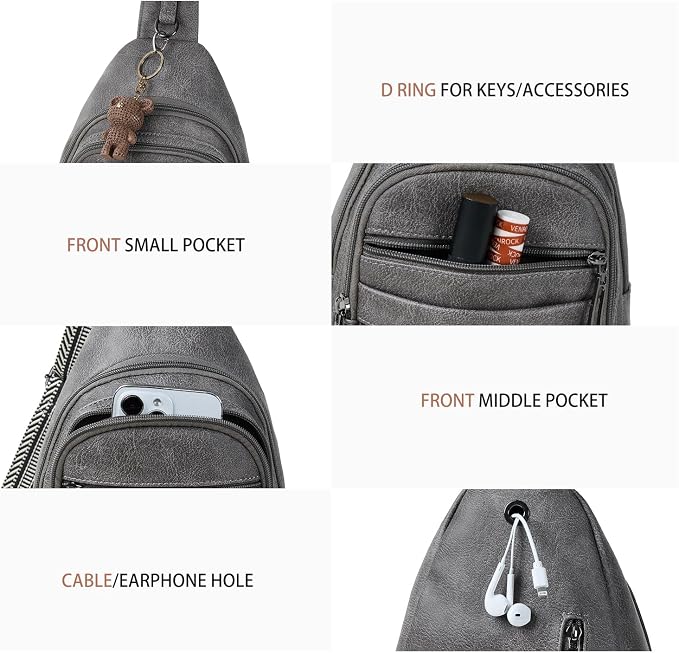 Leresas Sling Bag for Women Crossbody Bags Sling Purse Cross Body Backpack Vegan Leather Over Shoulder Bag Travel Handbag Gifts Dark Grey