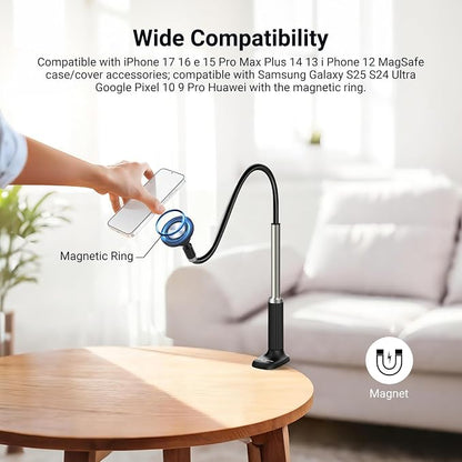 NEEWER Basics Magnetic Phone Stand for Desk, 360° Overhead Table Cellphone Holder Clamp Mount with Flexible Arm, Compatible with MagSafe iPhone Android Samsung for Bed Video Recording, PA151 Black