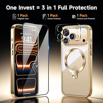 [Tri-Shield Protection] for iPhone 17 Pro Case with 360° Spin Stand Compatible with MagSafe [Magnetic CD Ring] [Screen & Camera Lens Protector] Shockproof Plating Never-Yellowing, Gold-6.3"