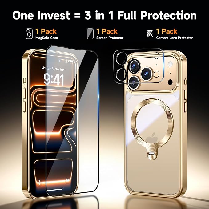 [Tri-Shield Protection] for iPhone 17 Pro Max Case with 360° Spin Stand Compatible with MagSafe [Magnetic CD Ring][Screen & Camera Lens Protector] Shockproof Plating Never-Yellowing, Gold-6.9"