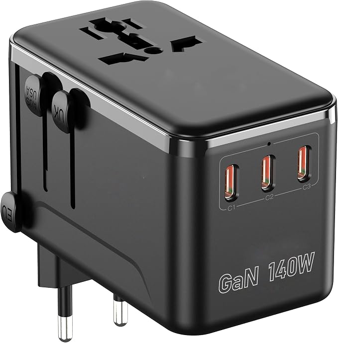 140W GaN Universal Travel Adapter, Laptop Charger International Power Adapter with 3 USB-C, USB-A & 2500W AC Outlet, Fast Charging for MacBook iPhone Samsung Laptop & More in 200+ Countries
