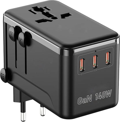 140W GaN Universal Travel Adapter, Laptop Charger International Power Adapter with 3 USB-C, USB-A & 2500W AC Outlet, Fast Charging for MacBook iPhone Samsung Laptop & More in 200+ Countries