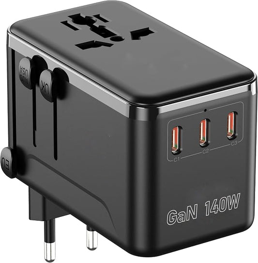 140W GaN Universal Travel Adapter, Laptop Charger International Power Adapter with 3 USB-C, USB-A & 2500W AC Outlet, Fast Charging for MacBook iPhone Samsung Laptop & More in 200+ Countries