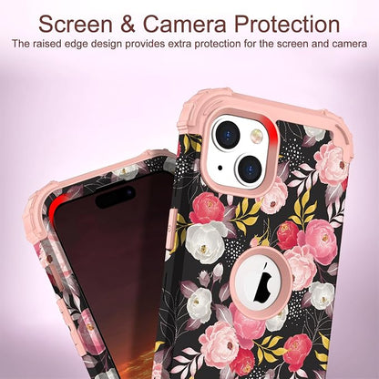 Hocase for iPhone 15 Case, Heavy Duty Shockproof Protection Soft Silicone Rubber Bumper+Hard Plastic Hybrid Protective Case for iPhone 15 (6.1" Display) 2023 - Rose Blossom