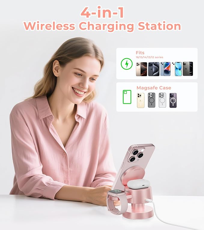 4-in-1 Magnetic Wireless Charging Station for iPhone 17/16/15/14 Pro Max, with Night Light Wireless Charging Station Fast Charging for Apple Watch, Earphones & Multiple Devices