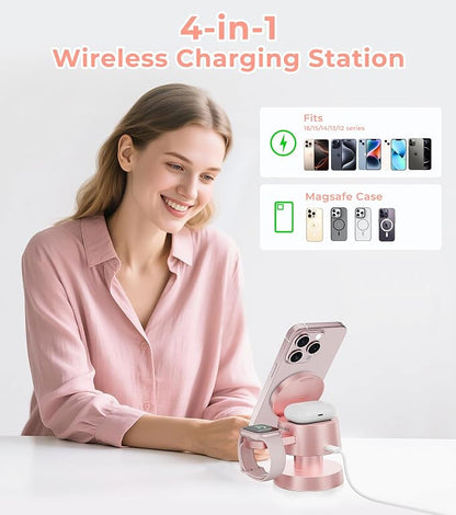 4-in-1 Magnetic Wireless Charging Station for iPhone 17/16/15/14 Pro Max, with Night Lamp and 20W Adapter Wireless Charging Station Fast Charging for Apple Watch, Earphones & Multiple Devices