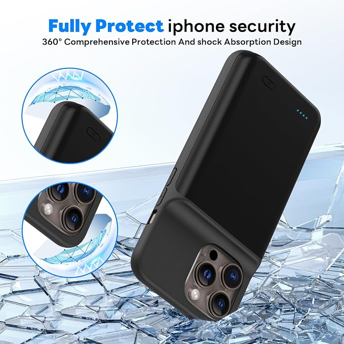 Ultra-Slim Battery Case for iPhone 16 Pro Max(6.9 inch),Charging Case Charger 7000mAh Rechargeable Portable Extended Charger Case Cover w/Tempered-Glass Protector - Black