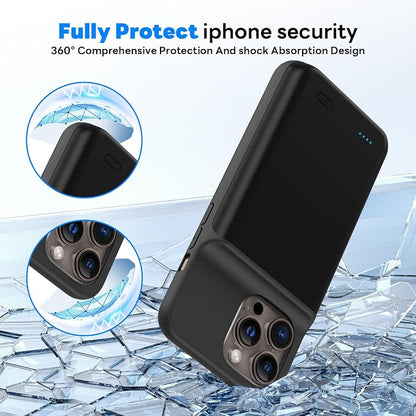 Ultra-Slim Battery Case for iPhone 16 Pro Max(6.9 inch),Charging Case Charger 7000mAh Rechargeable Portable Extended Charger Case Cover w/Tempered-Glass Protector - Black