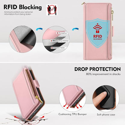 Antsturdy Compatible with iPhone 15 Wallet Case Card Holder【RFID Blocking】 PU Leather Phone Case Women Men flip Protective Cover Wrist Strap Zipper Credit Card Slots,for Apple 15 6.1",Pink