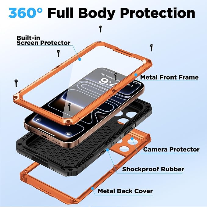 Beasyjoy for iPhone 17 Pro Waterproof Case, Metal Heavy Duty Military Drop Protection, Full Body Shockproof Dustproof Rugged Aluminum Cover with Built-in Screen Protector for Outdoor 6.3", Orange