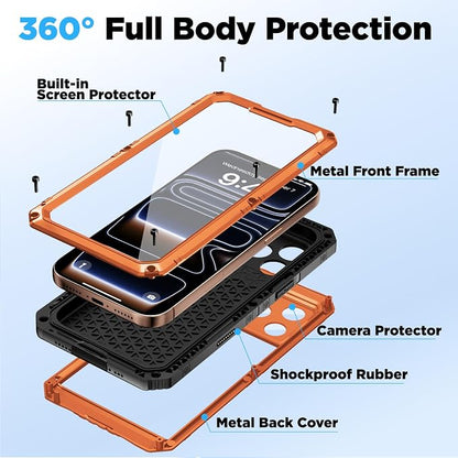 Beasyjoy for iPhone 17 Pro Waterproof Case, Metal Heavy Duty Military Drop Protection, Full Body Shockproof Dustproof Rugged Aluminum Cover with Built-in Screen Protector for Outdoor 6.3", Orange
