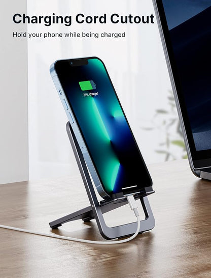 JSAUX Cell Phone Stand 2-Pack, Foldable Aluminum Adjustable Phone Holder for Desk Portable Travel Essentials Office Accessories for iPhone 17 16 15 14 13 Pro Max Samsung S25 S24 S23 Ultra Kindle-Gray