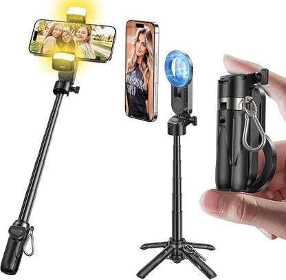 MAGIC JOHN Phone Tripod with 2 Selfie Light, Portable Pocket Size Selfie Stick for iPhone Magsafe, Selfie Stick with Detachable Remote Control for Photograph, Live Streaming, Video Recording