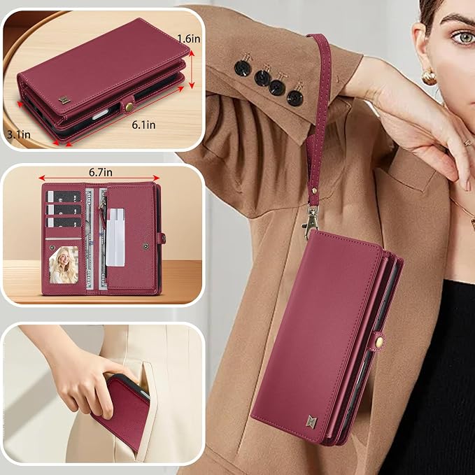 for Wallet Case Compatible with iPhone 12,Multi-Function Detachable 2 in 1 Magnetic iPhone 12 Case Wallet,Flip Strap Zipper Card Holder Phone Case with Shoulder Straps (Red)