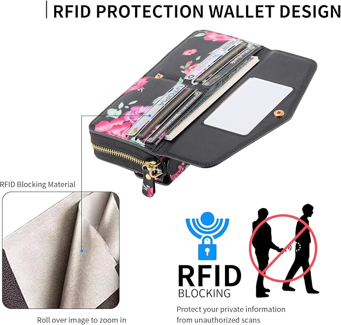 LITOU Compatible for Samsung Galaxy S26 Ultra Crossbody Phone Case,Detachable Magnetic,Card Holder,Zipper Leather Wallet Wrist Lanyard Strap Case for Women Men.BlackFlower