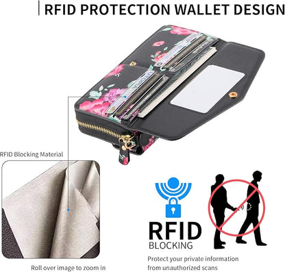 LITOU Compatible for Samsung Galaxy S26 Ultra Crossbody Phone Case,Detachable Magnetic,Card Holder,Zipper Leather Wallet Wrist Lanyard Strap Case for Women Men.BlackFlower