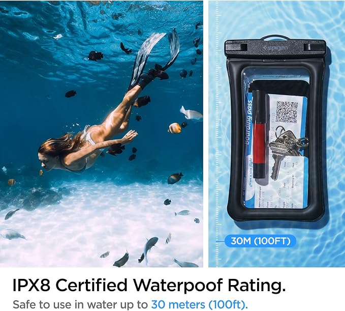 Spigen AquaShield Floating Universal Waterproof Phone Pouch, Waterproof Phone Case, PVC Protective Dry Bag Cases with IPX8 A610 Compatible with iPhone, Galaxy, Google (Pack of 1) - Floatable Black