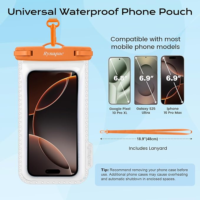 Rynapac IPX8 Waterproof Phone Pouch - 8.5in, 2 Pack Waterproof Phone Case for iPhone 17 16 15 Pro Max, Galaxy S26 S25 Ultra, Cellphone Dry Bag with Lanyard for Beach Vacation Travel Cruise Essentials
