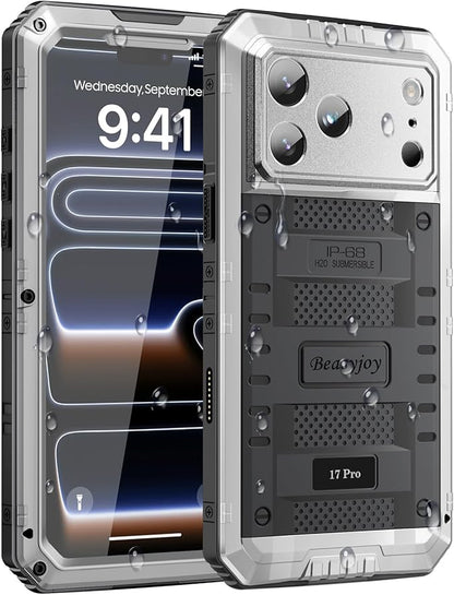 Beasyjoy for iPhone 17 Pro Case Waterproof, Heavy Duty Metal Full Body Protection, Built-in Screen Protector, Military Grade Shockproof Dustproof Rugged Cover for iPhone 17 Pro 6.3", Silver