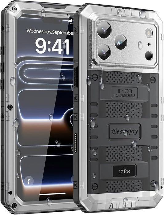 Beasyjoy for iPhone 17 Pro Case Waterproof, Heavy Duty Metal Full Body Protection, Built-in Screen Protector, Military Grade Shockproof Dustproof Rugged Cover for iPhone 17 Pro 6.3", Silver