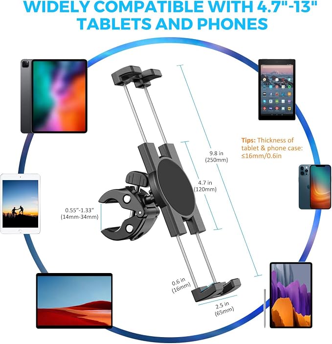 KDD Spin Bike Tablet Holder Mount, Phone iPad Holder Stand Exercise Bike Handlebar Mount for Stationary Bicycle, Treadmill, Microphone Stand, Fit for iPad Pro 12.9, Galaxy Tabs, iPhone(4.7-13”)