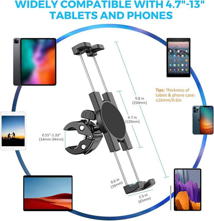 KDD Spin Bike Tablet Holder Mount, Phone iPad Holder Stand Exercise Bike Handlebar Mount for Stationary Bicycle, Treadmill, Microphone Stand, Fit for iPad Pro 12.9, Galaxy Tabs, iPhone(4.7-13”)